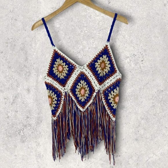 Bohemian Crochet‎ Fringe Top Hippie Chic Granny Square Size Small Patchwork Boho - Picture 3 of 9